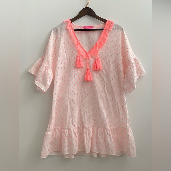 Lilly Pulitzer Kipper Cover-up Minidress Tangelo Neon Clip Tassels White coral - Picture 4 of 9